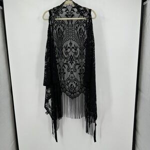 Women OS Black Lace Fringe Kimono Cardigan Whimsigoth Boho Festival Sheer Duster